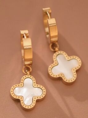 351. 18K Gold plated stainless steel Hoop Earrings with white Clover Dangles